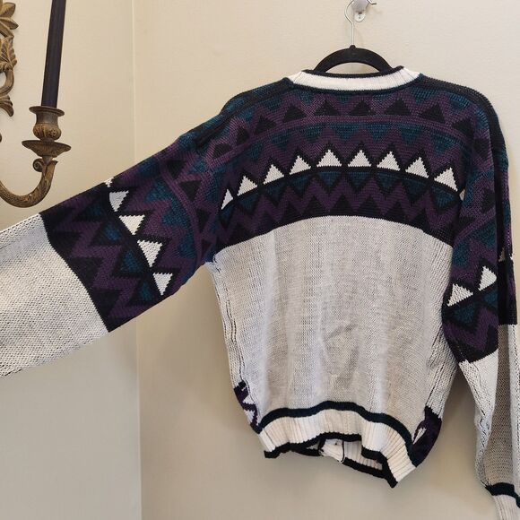 Vtg 90s Code Zero V-Neck Cardigan Sweater Knit Geometric Nordic Grandpacore Sz L - Picture 10 of 12